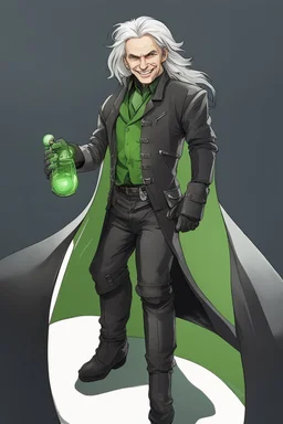 plauge doctor in balck leather clothes with silver hair, pale skin and bright green eyes smiling with sharp teeth