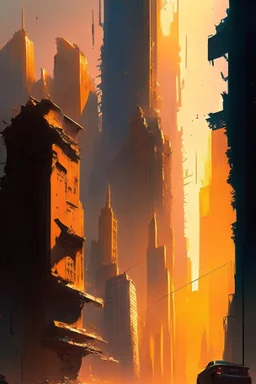 The dazzling metropolis decorated with towering skyscrapers and bustling with life is being subjected to the merciless ravages of the blazing summer sun causing it to gradually liquefy into a gooey molten mess, apocalyptic landscape of a cityscape melting under the scorching heat of the sun, Digital painting, Highly detailed, art by ian mcque and sparth, Dark, Post-apocalyptic, Vivid, Sharp focus, Artstation, Sci-fi, abstract.