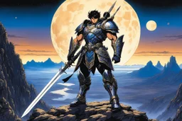 [drawing art by Masamune Shirow] A muscular male warrior in ornate armor, wielding a sword, stands on a rocky cliff overlooking a vast, alien landscape with two moons in the sky. A fierce tarn flies overhead