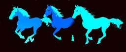 silhouette of 3 different horses running, middle horse at front, blue on black vector