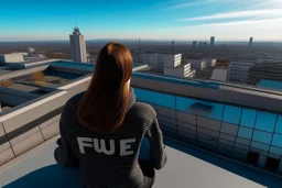 A woman on top of a rooftop, next to a bright sign that reads the word FUTURE, we see the image from the top of the building, the city in the background and below, 16K, real photography