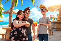 3D video game characters, a brown-haired blue-eyed plus sized woman in a black dress with white and pink flowers hugging friendly a short blonde haired thin man wearing eyeglasses, t-shirts and jeans at the beach in sunshine, tiki bar, cocktails, hearts, waterfall, happiness