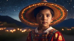 little very young Mexican boy, handsome, peaceful, gentle, confident, calm, wise, happy, facing camera, head and shoulders, traditional Mexican costume, perfect eyes, exquisite composition, night scene, fireflies, stars, Mexican landscape , beautiful intricate insanely detailed octane render, 8k artistic photography, photorealistic concept art, soft natural volumetric cinematic perfect light, chiaroscuro, award-winning photograph, masterpiece, Raphael, Caravaggio, Bouguereau, Alma-Tadema