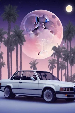 1980's aesthetic vaporwave palm trees with lighting with moon with bmw in the winter snow