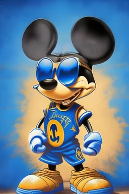 Mickey Mouse wearing warriors jersey and sunglasses