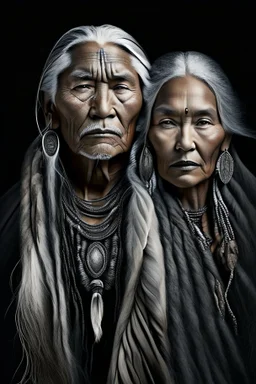 a photo of an Native american indian man and woman with ethnic jewelry, grey hair and grey flowing robe, in style of Annie Leibovitz, contemporary portrait of a mature yet beautiful and modernist, black and grey, detailed face, swirling fluid smokey enigma, award-winning artwork