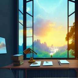 old wood sober house, large desk, parquet, sheet of paper, little pen, office chair in front of a huge picture window with large view on a waterfall with warm light, sunset ,photorealistic, detail, panorama, nature, globe, 8K, Hallelujah mountains, view first person