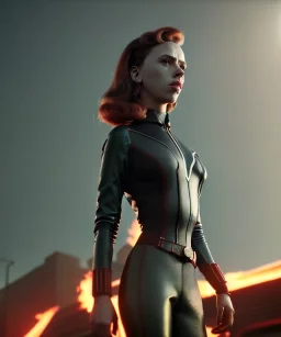 retro sci-fi portrait image from 1960, supermarket parking explosion, fire, classic black widow, young Scarlett Johansson, classic black tight lycra latex suit, retro 1960 superhero style, soft color, highly detailed, unreal engine 5, ray tracing, RTX, lumen lighting, ultra detail, volumetric lighting, 3d, finely drawn, high definition, high resolution.