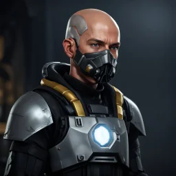 star wars bald male corellian pilot wearing pearlescent black and gunmetal grey First Order special forces heavy assault stealth commando armor and helmet with gold trim inside the jedi temple, hyperdetailed, dynamic lighting, hyperdetailed background, 8k resolution, volumetric lighting, light skin, fully symmetric details