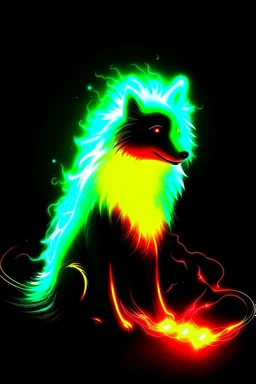 Super cool ghostly spiritual canine with mencaing glowing eyes In a dark room. It sits alone staring straightly and deeply at us, it has a painted-anime style.