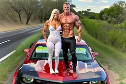 make a pic with short hair bodybuilder Knut Spildrejorde from Norway and his fitness wife Jeanette, they are standing front of his new red car Chevrolet Camaro, very busy highway in sunny Texas in the background