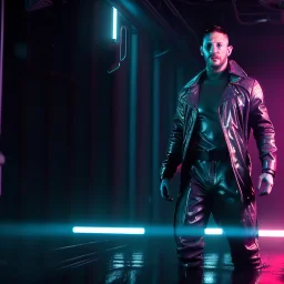 Actor, tom hardy, blade runner style, rain, fog, neon ambient, gradient color, clean skin, circuits, latex coat, cyber punk, neon, tubes, portrait, photo studio, unreal engine 5, smooth color, 16 bit, god lights, ray tracing, RTX, lumen lighting, ultra deatail, volumetric lighting, 3d, finely drawn, hd.