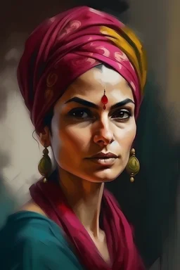 Painted portrait of Hindi woman in turban painted by paint brush in style of Tamara Łępicka