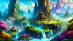 Generate a vibrant and enchanting fantasy landscape, complete with towering mountains, lush forests, and cascading waterfalls. Incorporate magical elements like floating islands, mystical creatures, and sparkling crystals to evoke a sense of wonder and adventure.
