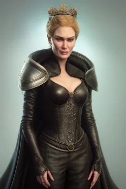 Cersei Lannister as evil queen in black leather, busty, cleavage, curvy, lena headay, angry, stern look. character design by cory loftis, fenghua zhong, ryohei hase, ismail inceoglu and ruan jia. unreal engine 5, artistic lighting, highly detailed, photorealistic, fantasy