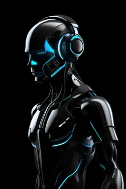 personaje futurista en fondo negro con auriculares airpods