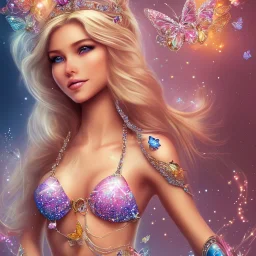  beautiful face princess blond fairy smiling with sparkle jewel bikini and butterflies in hair