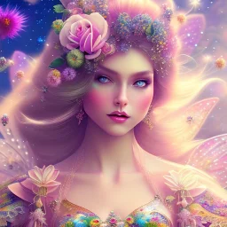 bright fairy, beautiful portrait, flowery landscape, cosmic atmosphere, perfect composition, 8k, super detailed, delicate flowers, complemfentary colours, intricate details