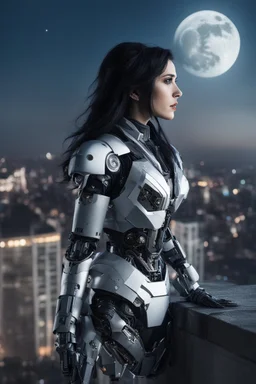 Fantasy Photo Of A Woman With Black Hair, Wearing A robot-looking suit, standing sideways On A Ledge of a building, With A waning moon Behind Her Head