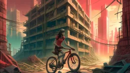 A futuristic digital illustration of a woman on a sleek bicycle in front of a towering, dilapidated building, set in a post-apocalyptic cityscape reminiscent of a soviet city, infused with elements of socialist realism.