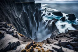 This mesmerizing ocean cliff scene captures the dramatic power and beauty of nature. Towering rugged cliffs stand majestically against the vast expanse of the ocean, where the water pours into a singular bottomless pit. The cliffs, with their sharp and jagged edges, create a stark contrast to the rough, flowing water, making the scene even more captivating. Sunlight pierces through the mist rising from the waterfalls, creating a magical, ethereal atmosphere