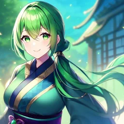 girl, masterpiece, best quality, volumetric lighting, detailed outfit, perfect eyes, long hair, green hair, green eyes, obi, low ponytail, smile,