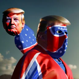 realistic image of donald trump as a mexican wrestling fighter posing outdoors, Mexican eyes wrestling mask, red and blue breeches, confederate flag cape, retro style, 80s, vibrant color, highly detailed, sky background, concept art, unreal engine 5, god rays, ray tracing, RTX, lumen lighting, ultra detail, volumetric lighting, 3d, finely drawn, high definition, high resolution.