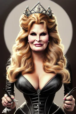 painting of jennifer coolidge as evil queen in black leather, feminie, angry, stern look on her face, volouptous, busty, cleavage, emperious, mature, highly detailed, digital painting, artstation, concept art, smooth, sharp focus, illustration, art by gaston bussiere and alphonse mucha