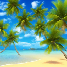 9. Generate an image of a sun-soaked beach with palm trees and crystal-clear water