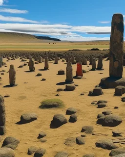 A brown wasteland desert with a rocky road designed in Moai statues painted by Jackson Pollock