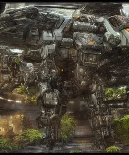 Large mechwarrior inside a futuristic steampunk space ship with plants and animals