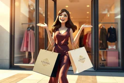 3D video game character elegant young woman enthusiastically and cheerfully comes out of a fashion store, on her arms several elegant branded paper bags, in the window clothes and shoes, S<AI in sunshine