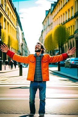 un hombre con los brazos abiertos en una calle de una ciudad. fotografía realizada con cámara Leica y objetivo de 50 mm. fotografía en color. Colores vivos y alegres