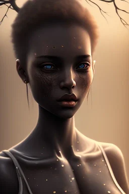 realistic rustic girl, black girl, night dark atmosphere, 8K, close-up face, anatomically perfect face, india, tree on face, durty face,