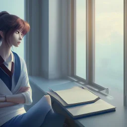 Anime, female student studying under window, studying lesson, perfect face, cool face, ultra detail, unreal engine 5, cinema4d, sun light, studio lighting --ar 1:1 --v 4