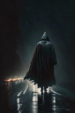 A man walking on a dark and scary road, wearing a robe over his head, and it is raining, and the wind is blowing his clothes