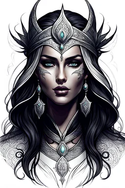create an ethereal, darkly magical , epic female Andalusian sorceress with highly detailed and deeply cut facial features, sketch drawing