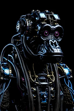 full view of a realistic cyberpunk style geometric robotic gorilla wearing rectangular goggles and a high tech cybersuit with various wires lights and doodads made of reflective black plastic rusted metal and discarded electronic parts looking up into the sky in harsh high contrast lighting from the top