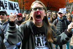 Fotorealistisch ein stereotyper 18jähriger Antifa-Aktivist schreit einen stereotypen 18jährigen Trump-Wähler an der zurück schreit