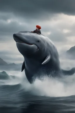 full body, head to toe, 3D, an anthropomorphic Scottish whale named William wearing a kilt, with short, pixie-cut, (((red hair))) tapered on the sides - full color - 32k, UHD, 1080p, 8 x 10, glossy professional quality digital photograph - raging sea and mountains and a ship in the background, historic, powerful, exquisite detail, sharp - focus, ((skin details, high detailed skin texture))