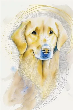 abstract watercolour of a golden retriever dog’s head in the style of Valerie Davide with bifurcated circles and thin pencil lines
