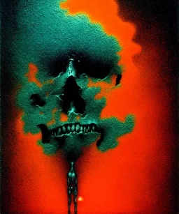 broken skull. black background. smoke and explode. particles in air. teal and orange. abstract. beksinski.