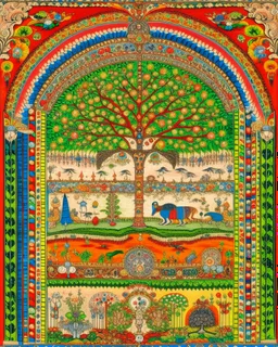 A rainbow kingdom with elements, tactics, and biology designed in Moroccan rug art painted by Albrecht Durer