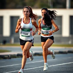 Two female athletes wearing shorts and running.