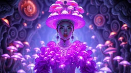 Ultra-realistic 3D portrait of a beautiful Indonesian woman wearing an elegant royal dress entirely made of glowing neon purple mushrooms. Her entire costume, from headpiece to gown, is crafted from luminous umbrella-shaped fungi forming intricate organic layers. The headdress is shaped like a mystical castle adorned with glowing mushrooms and delicate garlands. The background is an elaborate surreal mushroom universe — filled with fractal spiral walls, labyrinth patterns, and geometric mushroom