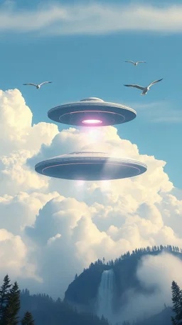 ufo spaceship in the cloud in the background big birds with a lot of clouds and waterfalls and trees