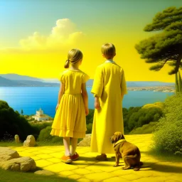 Neoclassicism realistic yellow cote d'azur landscape sea 2 childeren standing with dog