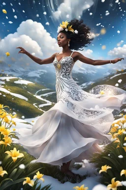 The camera zooms in, focusing sharply on very beautiful black godus girl with make up Lily wearing pretty dress as she dances gracefully in the same romantic environment with flowers and sky with nice clouds. Her joy and youth are presented against the backdrop of the surreal surroundings.a snow covered tree sitting on top of a snow covered slope, detailed swirling water tornado, national geographic footage, inspired by Sim Sa-jeong, by Huang Tingjian, still from a 2015 pixar movie, infrared ca