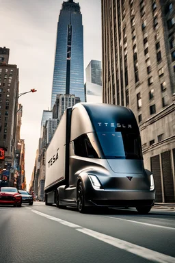 A Tesla semi-truck is racing at top speed, near the "Empire State Building' in New York. CINEMATIC. WIDE ANGLE LENS. PHOTO REAL.