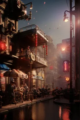 American shot view, cabaret scene, steampunk. old Asian man + little monkey, Sunglasses, smoking, happy, hot. Many people background, highly detailed, concept art, unreal engine 5, god rays, ray tracing, RTX, lumen lighting, ultra detail, volumetric lighting, 3d, finely drawn, high definition, high resolution.